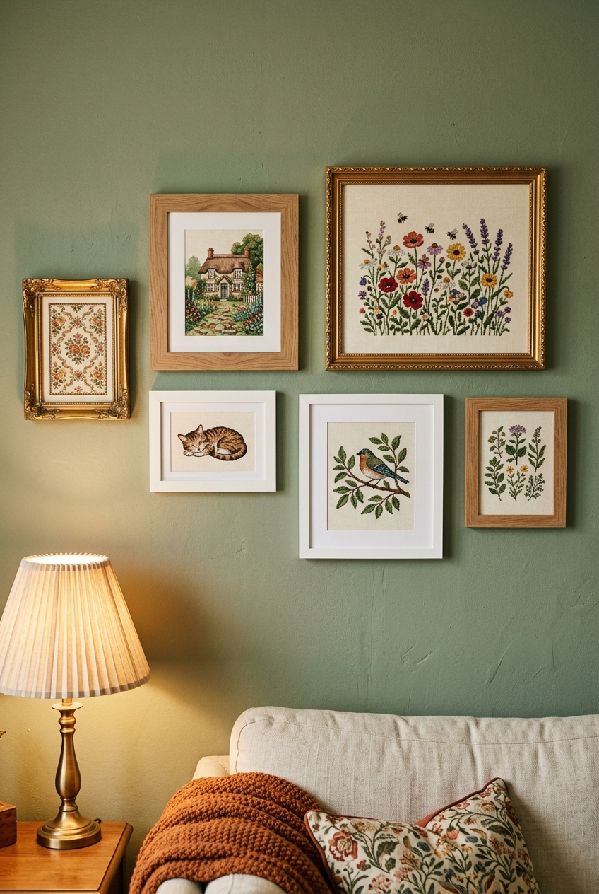 Gallery wall of framed cross-stitch pieces in gold and wood frames on sage green wall above cream sofa