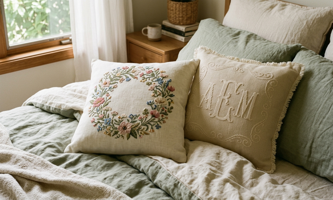 Two cross-stitch throw pillows on linen duvet, floral wreath and monogram designs in soft morning light
