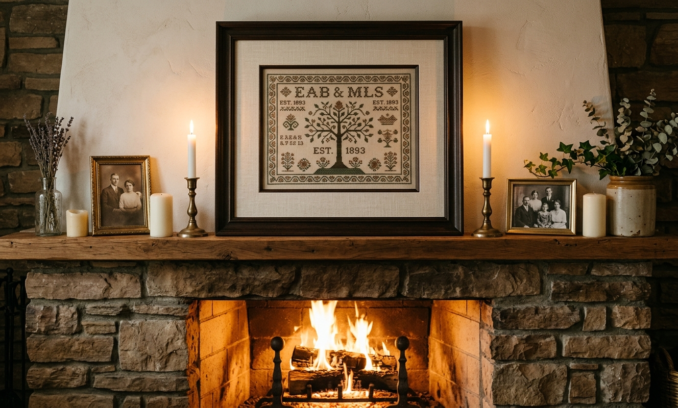 Heirloom cross-stitch sampler in deep shadow box frame above stone fireplace flanked by candles and family photos