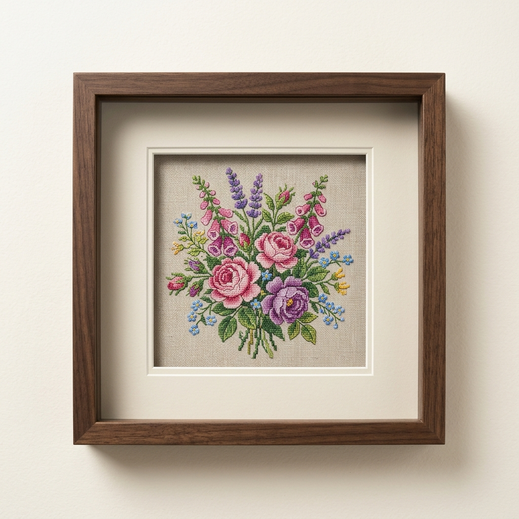 Deep shadow box frame displaying a cross-stitch floral piece with cream mat on clean background