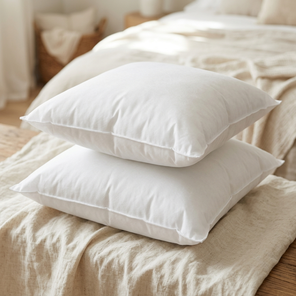 Two plump square throw pillow inserts stacked on cream linen surface in soft natural light