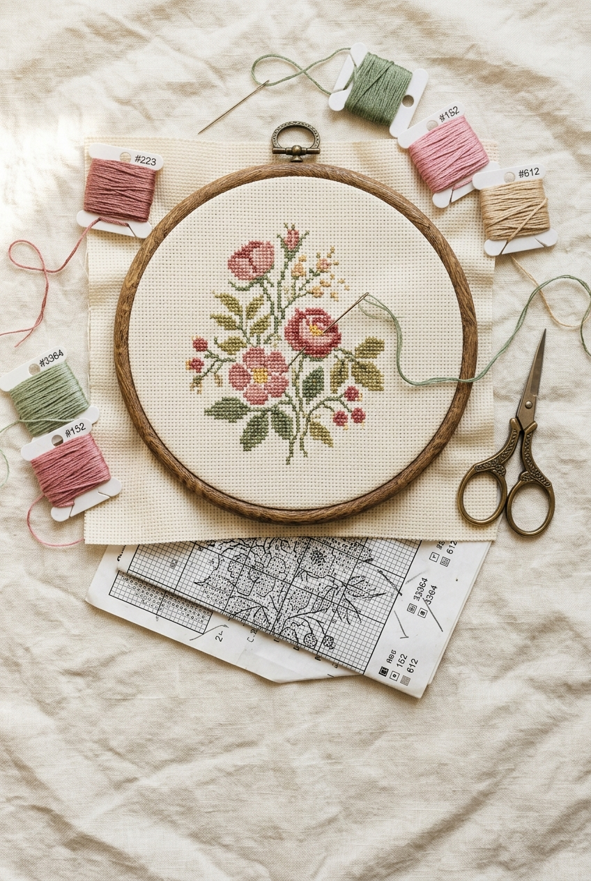 Wooden embroidery hoop holding cross stitch fabric in soft natural light