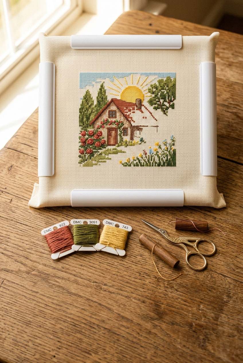 Q-snap frame gripping cross stitch fabric on a cream linen surface