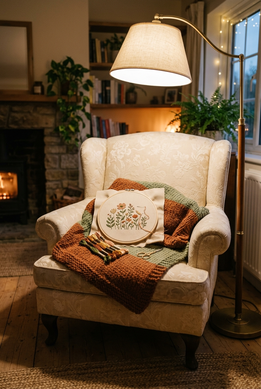 Daylight lamp cross stitch setup illuminating a wooden hoop project in a cozy chair, best lighting for cross stitch