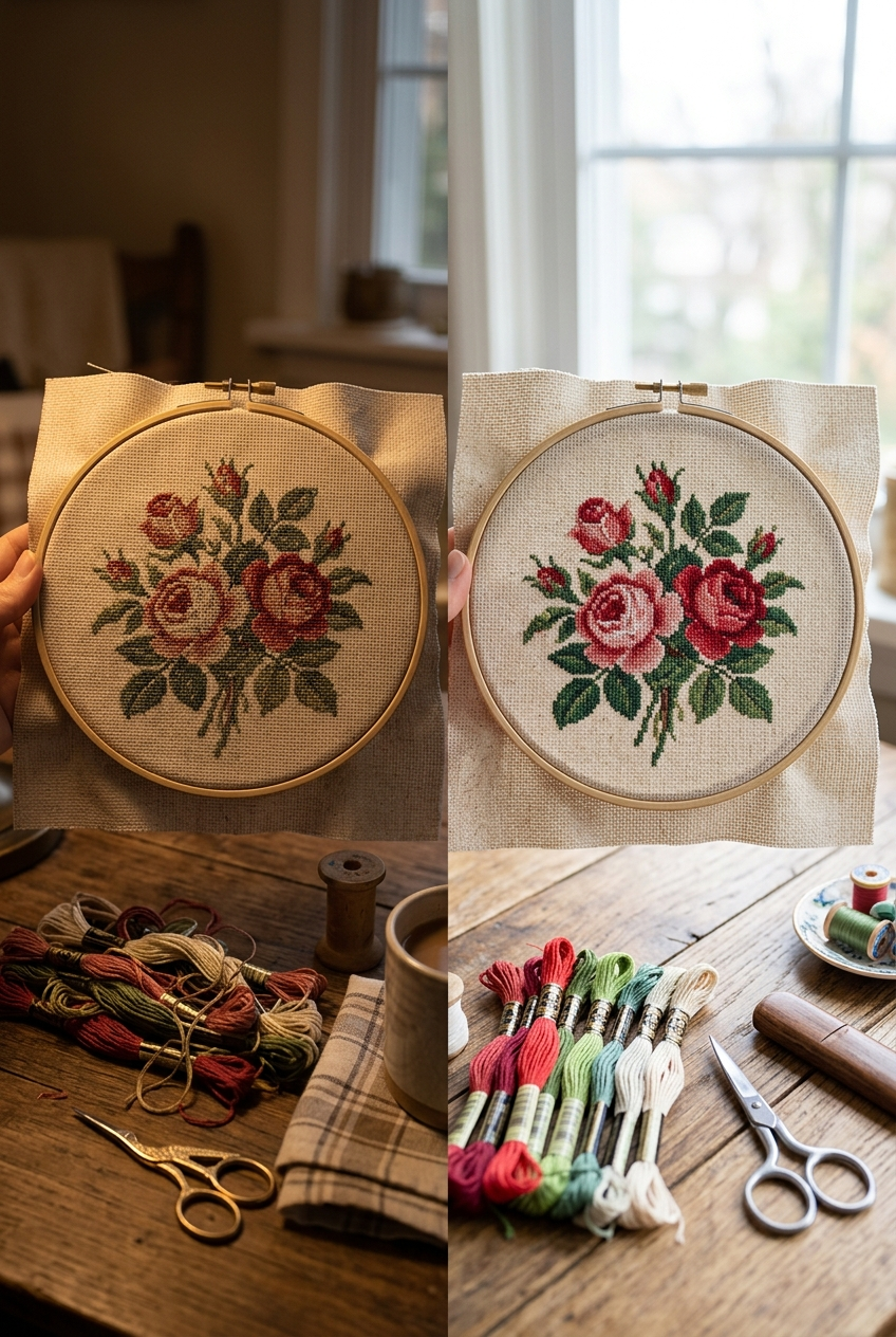 Cross stitch project compared under yellow bulb versus daylight bulb showing color accuracy and reduced eye strain