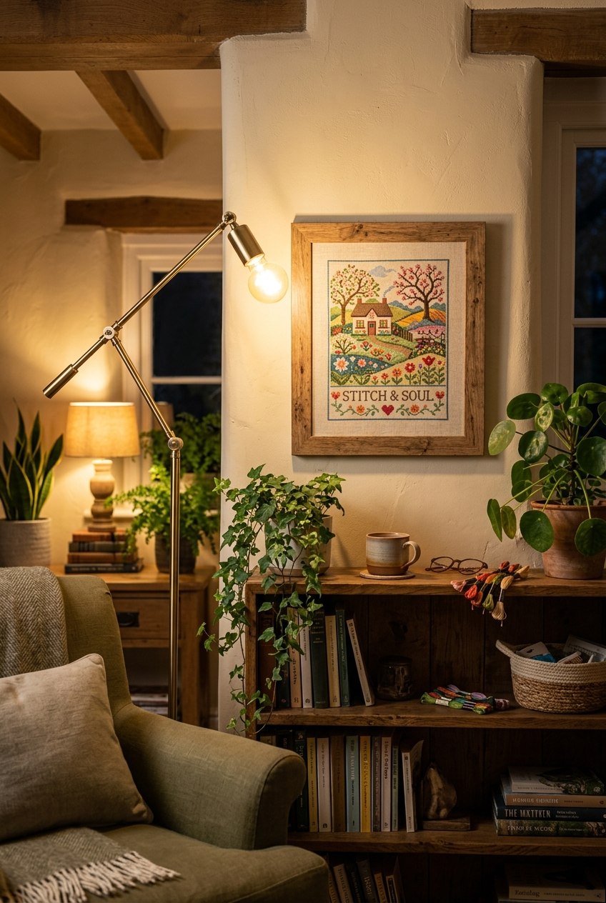 Framed cross stitch wall art displayed under a warm daylight lamp in a cozy cottagecore home stitching corner