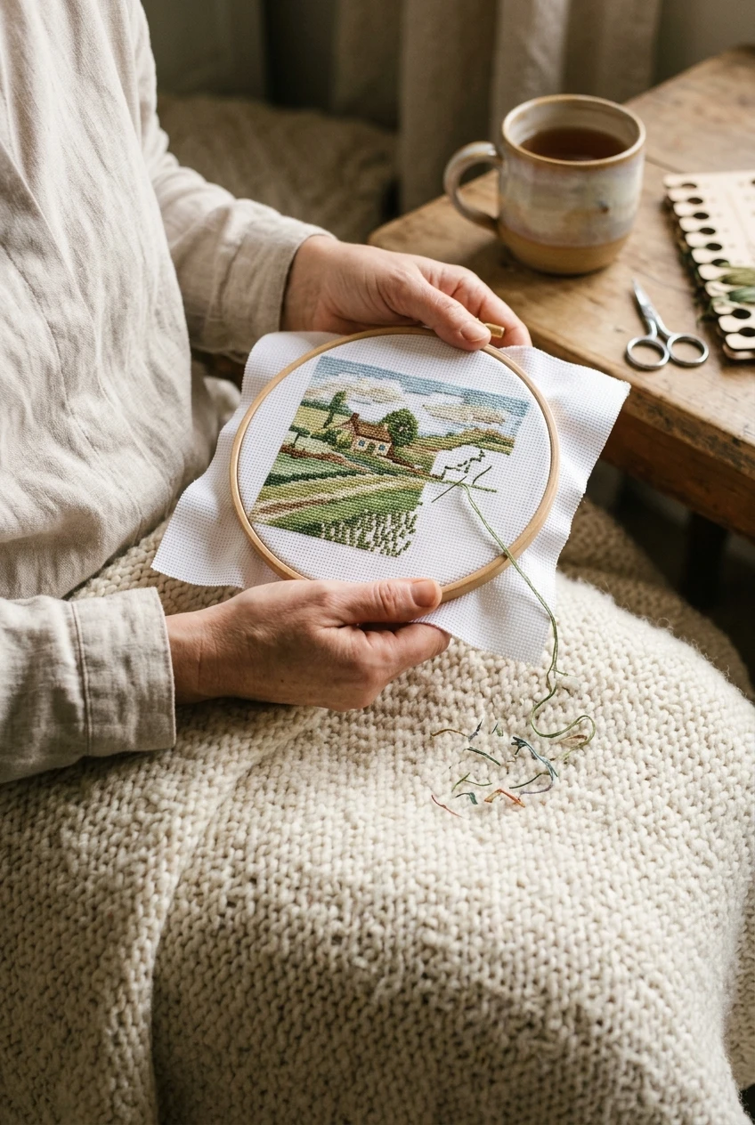 Hands stitching on 18-count Aida in a wooden hoop, cross stitch and mental health calm moment