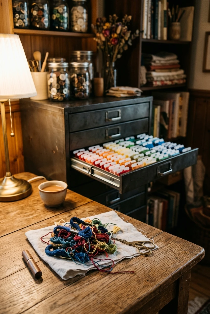 Tangled loose floss in front of an open drawer of neatly sorted cross stitch floss bobbins