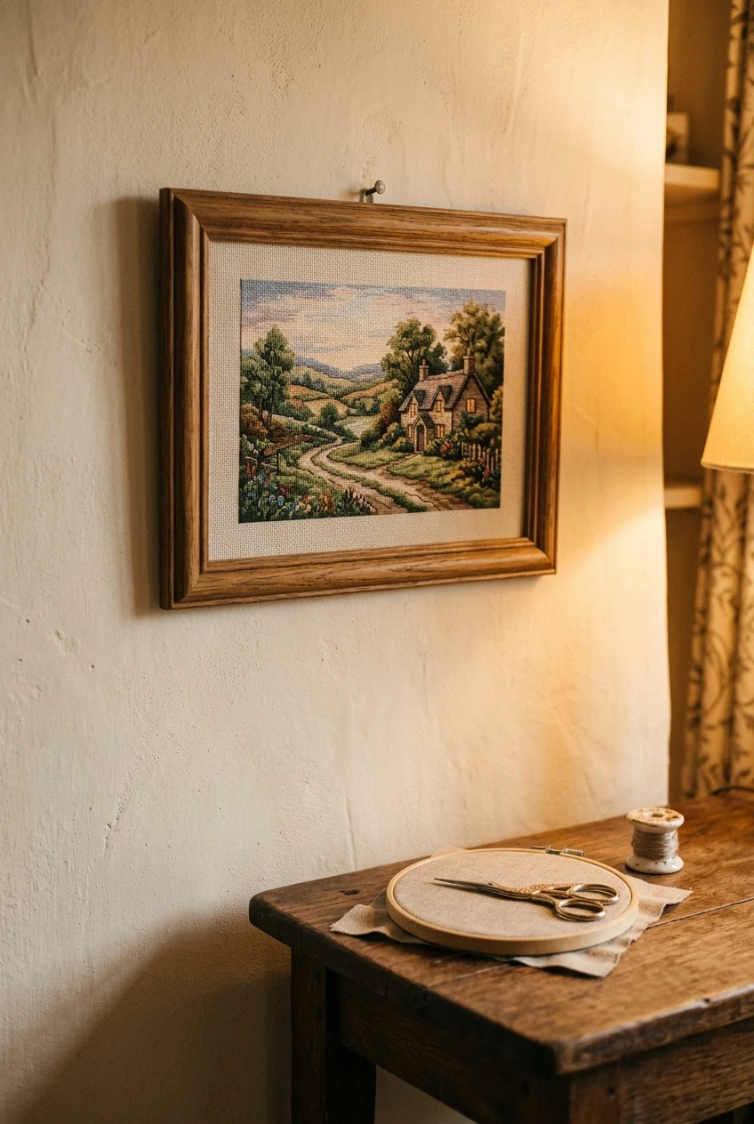 Framed finished cross stitch landscape on a warm wall with hoop and scissors nearby