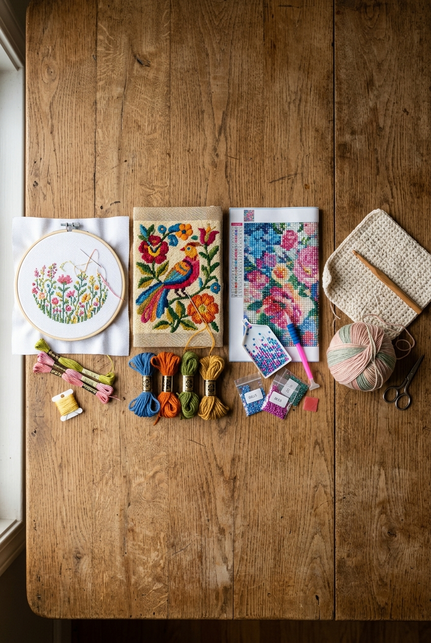 Flat lay of cross stitch, needlepoint, diamond painting, and crochet projects on wooden table