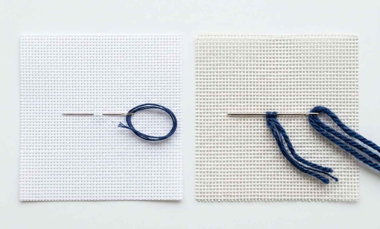 Side-by-side close-up of Aida cross stitch fabric and needlepoint canvas showing grid difference