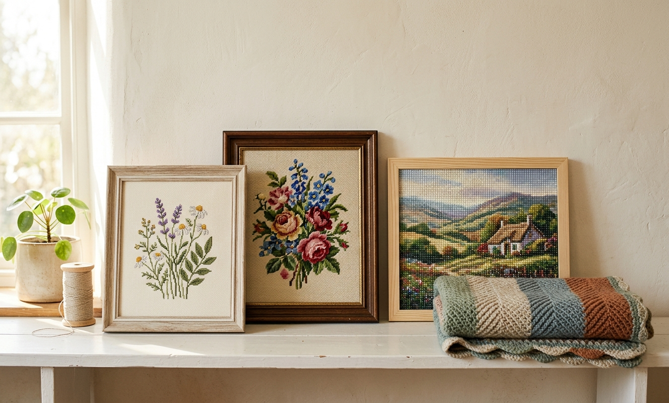 Four finished craft projects displayed on a white shelf &mdash; cross stitch, needlepoint, diamond painting, crochet