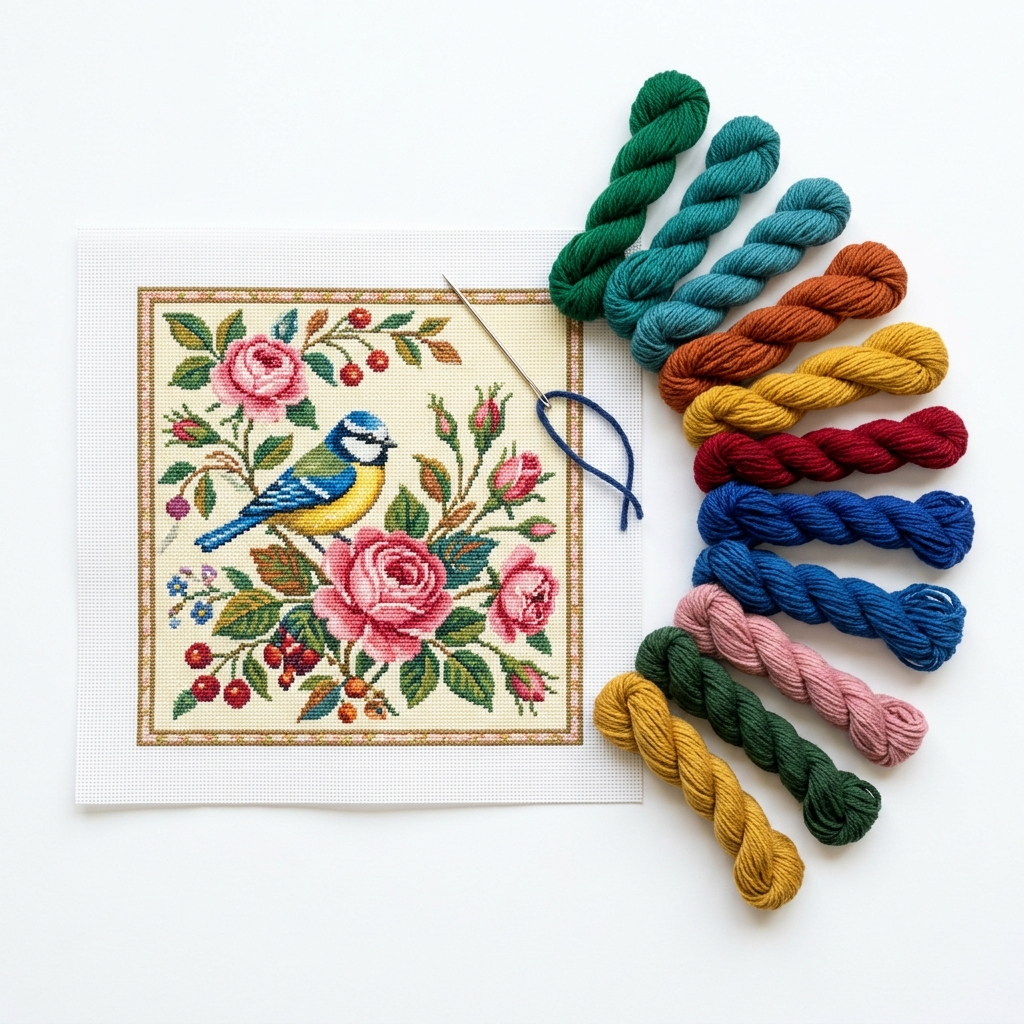 Needlepoint starter kit with printed floral canvas, wool thread skeins, and tapestry needle on white background