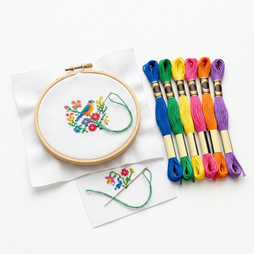 Cross stitch starter kit with Aida cloth in hoop, DMC floss skeins, and needle on white background