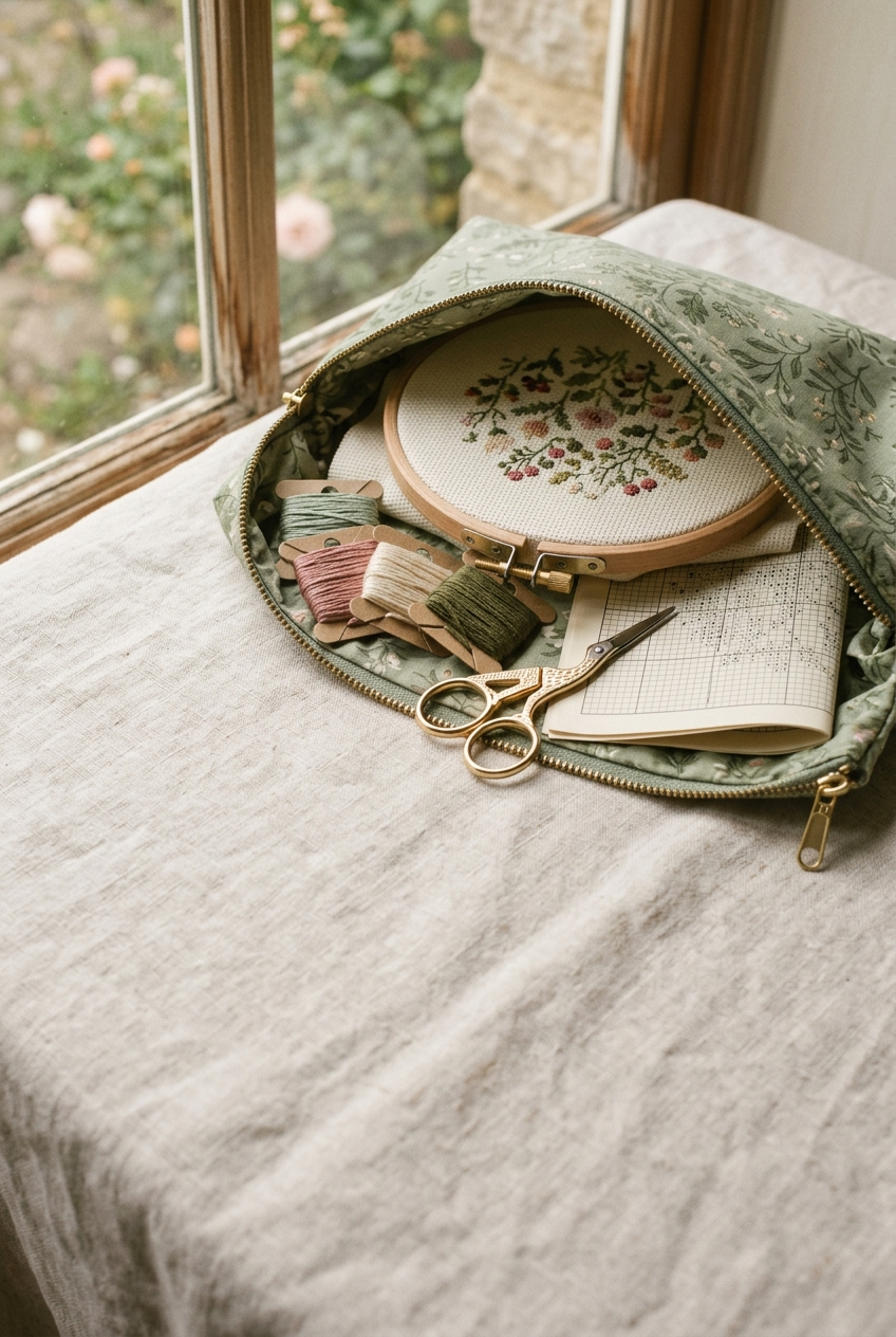 Cross stitch project bag open showing hooped Aida, chart, floss bobbins and embroidery scissors