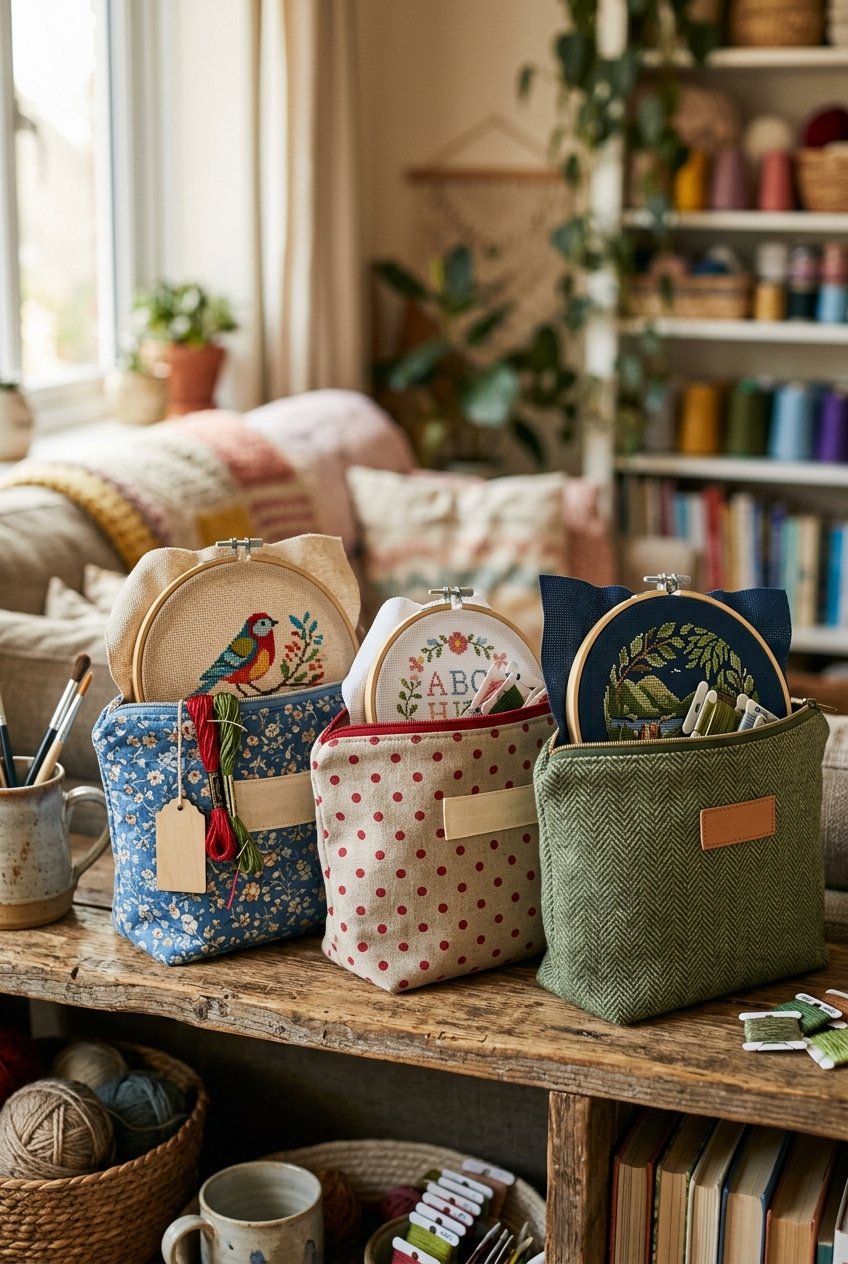 Three labeled cross stitch project bags on a wooden shelf holding separate works in progress
