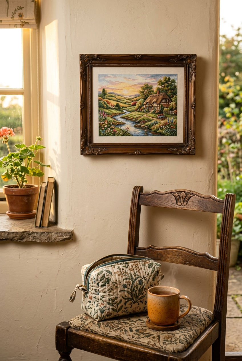 Framed finished cross stitch landscape above a zipped project bag and warm mug of tea