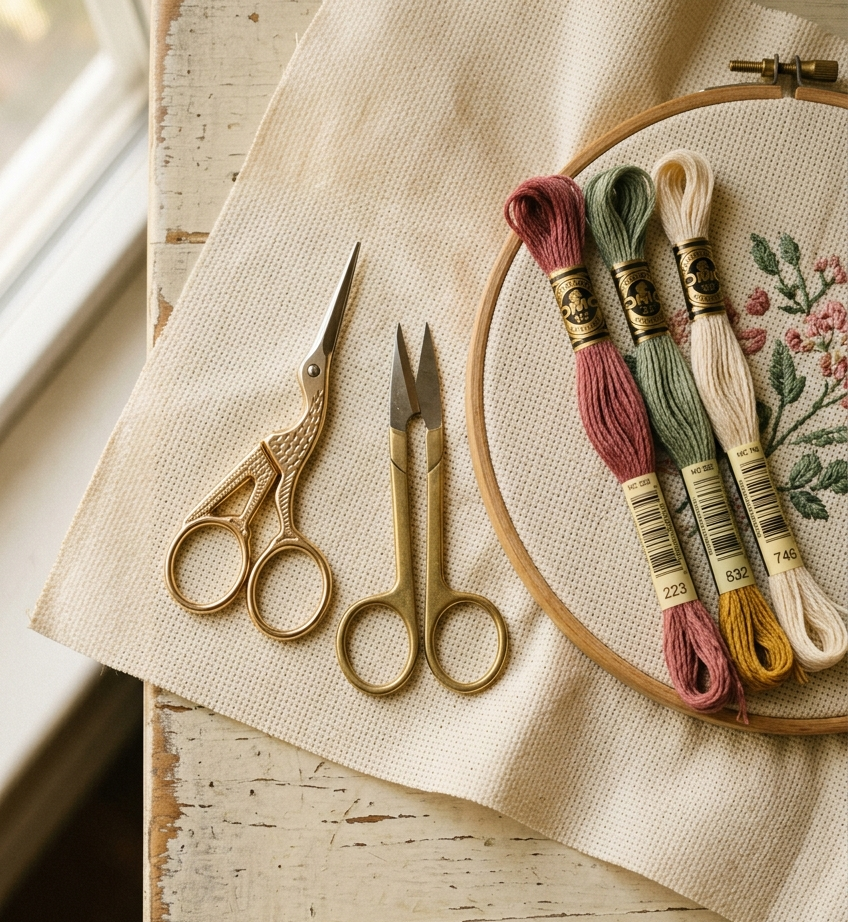 Small gold stork and straight cross stitch scissors on cream Aida cloth with floss and hoop