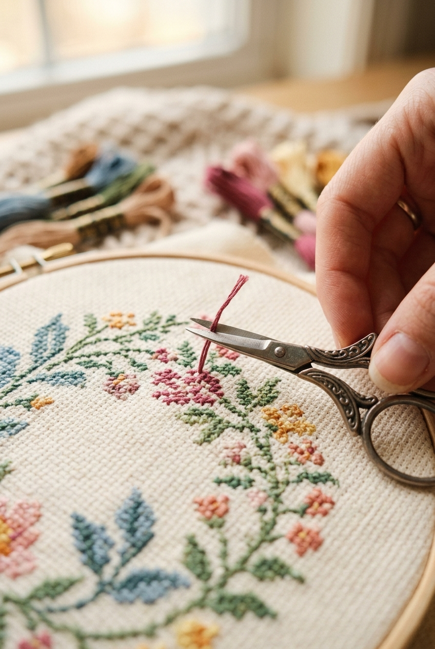 Fine-pointed scissors trimming a floss tail close against a stitched floral cross stitch piece