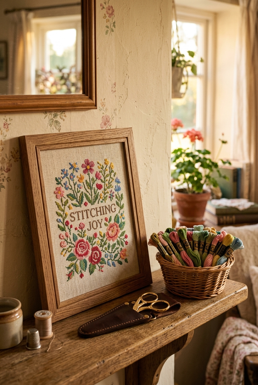 Framed floral cross stitch wall art beside gold stork scissors and a basket of DMC floss