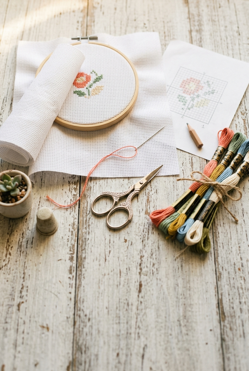 Beginner cross stitch flat lay with Aida fabric, floss, scissors, and pattern chart on white wood