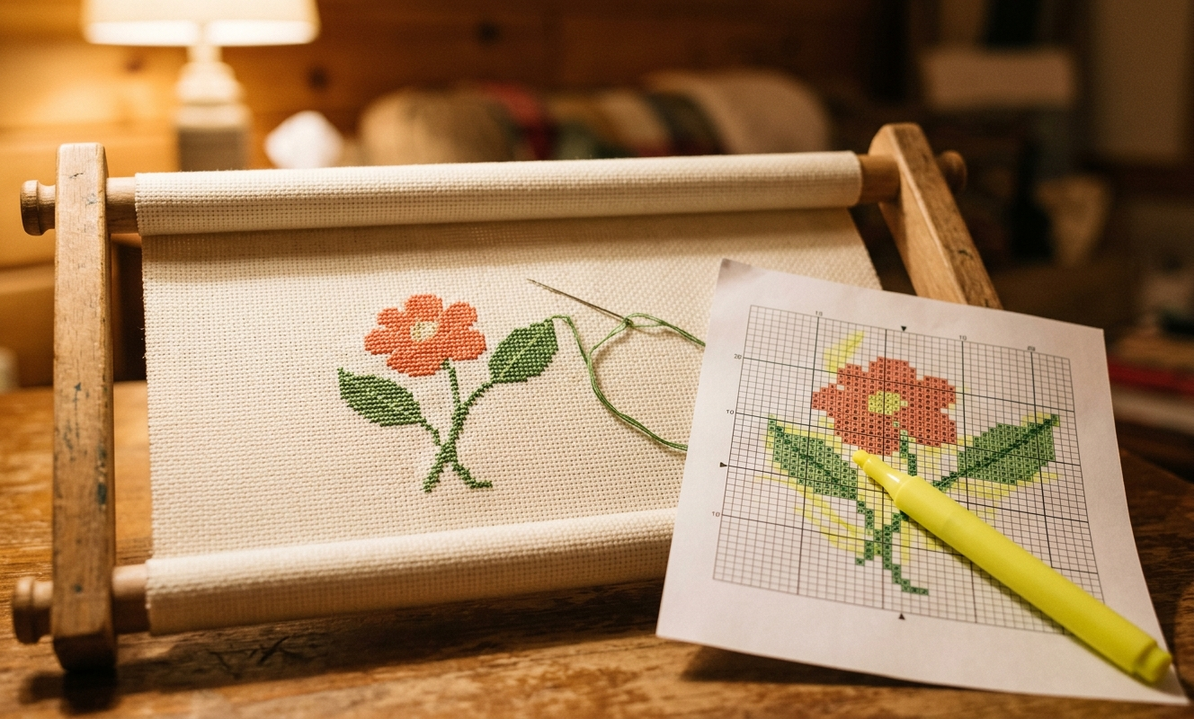 Partially completed beginner cross stitch on scroll frame with highlighted pattern chart beside it