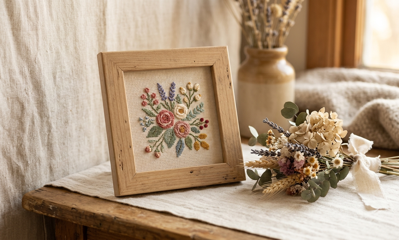 Finished beginner cross stitch floral design in natural wood frame with dried flowers on linen backdrop