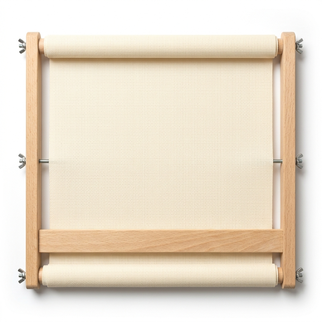 Wooden cross stitch scroll frame with cream Aida fabric stretched between two horizontal bars