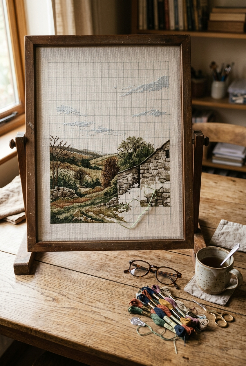 Unfinished cross stitch landscape on a frame beside cold tea and tangled floss skeins on a wooden table