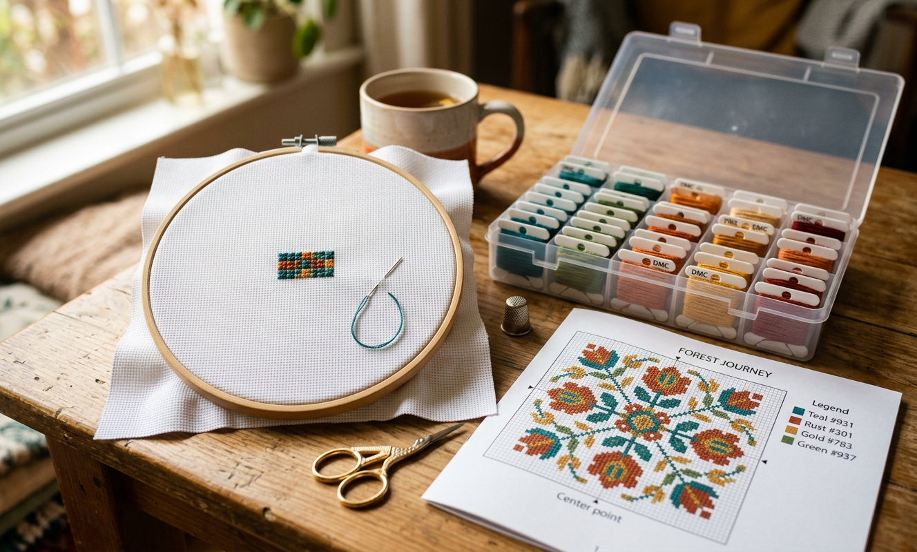 Fresh cross stitch project started on clean white Aida in a wooden hoop beside organized floss bobbins and open pattern chart