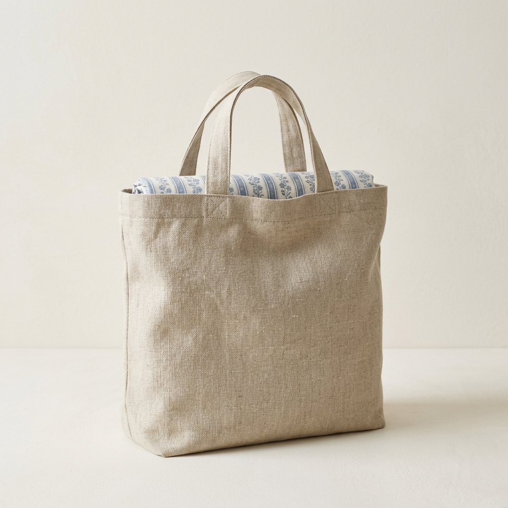 Natural linen cross stitch project bag slightly open showing rolled fabric inside on cream background