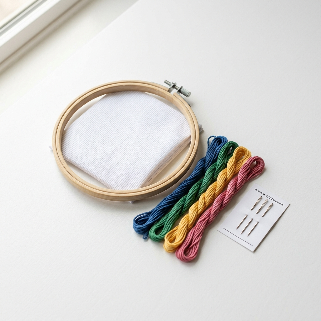 Complete cross stitch beginner kit with small hoop, Aida cloth, colorful floss skeins, and needle card on white surface