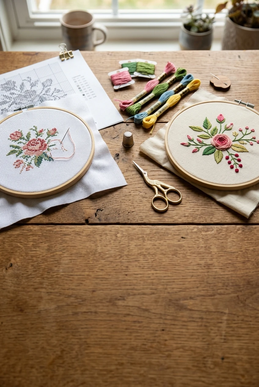 Cross stitch vs embroidery comparison with counted Aida hoop and freehand embroidered floral hoop