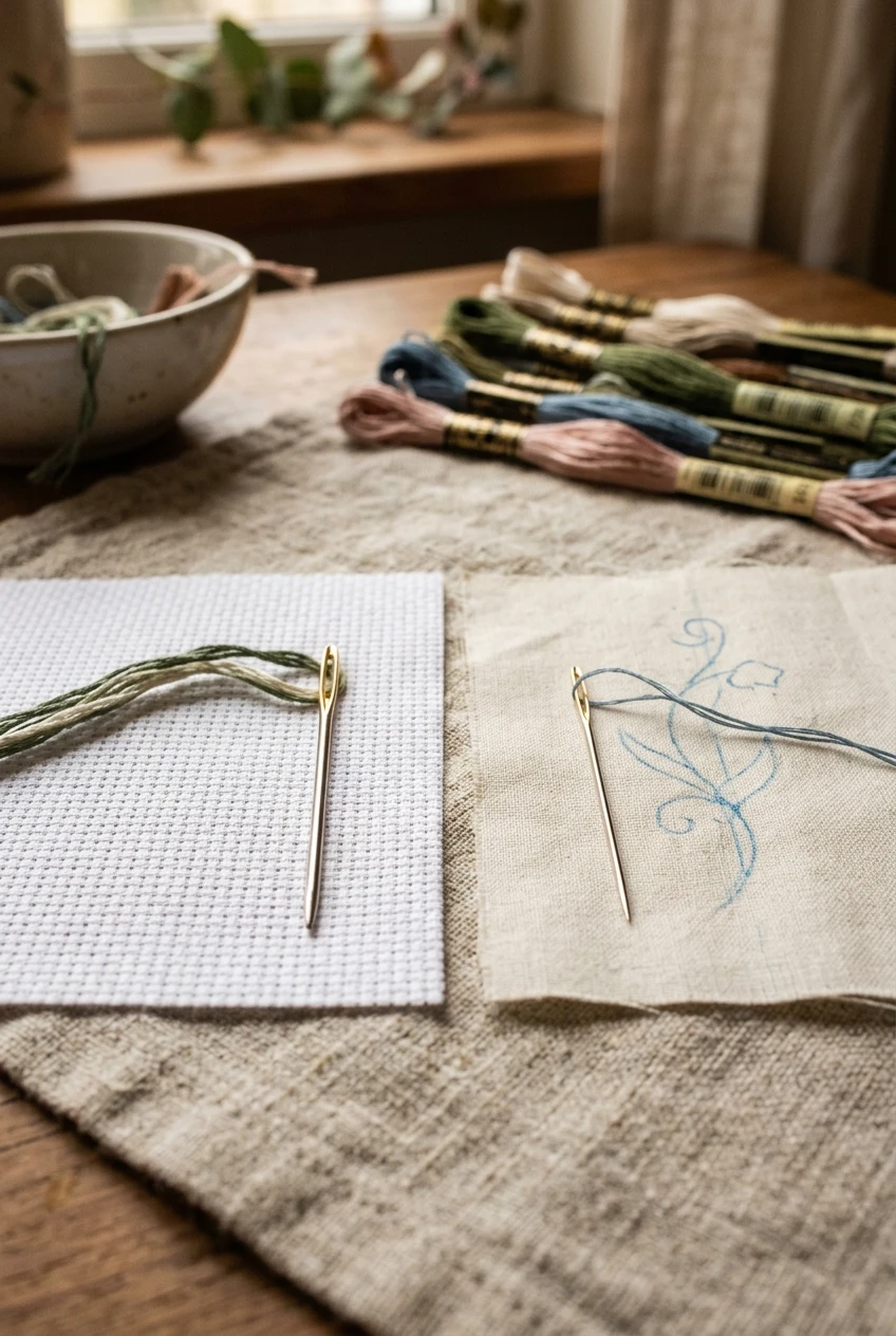Blunt tapestry needle on Aida grid beside sharp crewel needle on plain cotton fabric