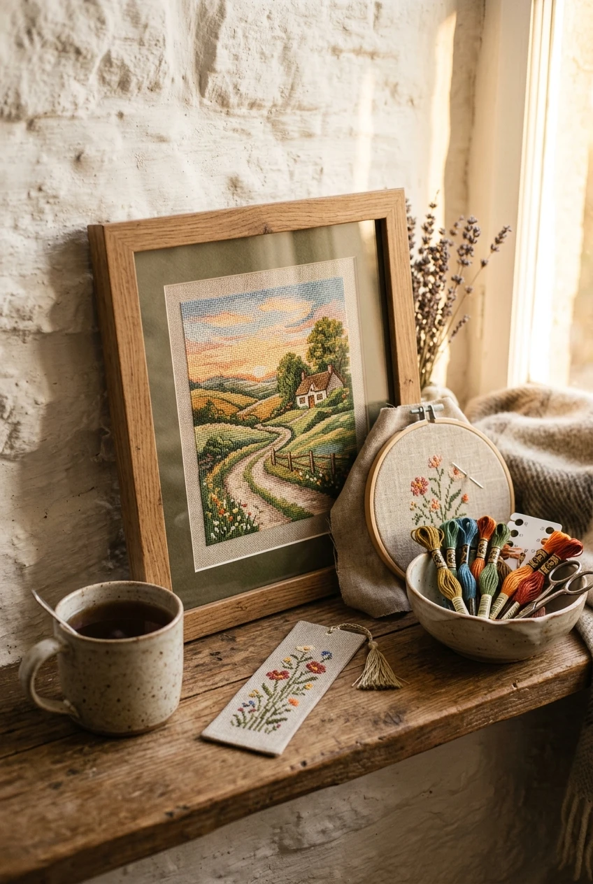 Framed finished cross stitch wall art with bookmark, hoop, and floss in warm cottagecore light