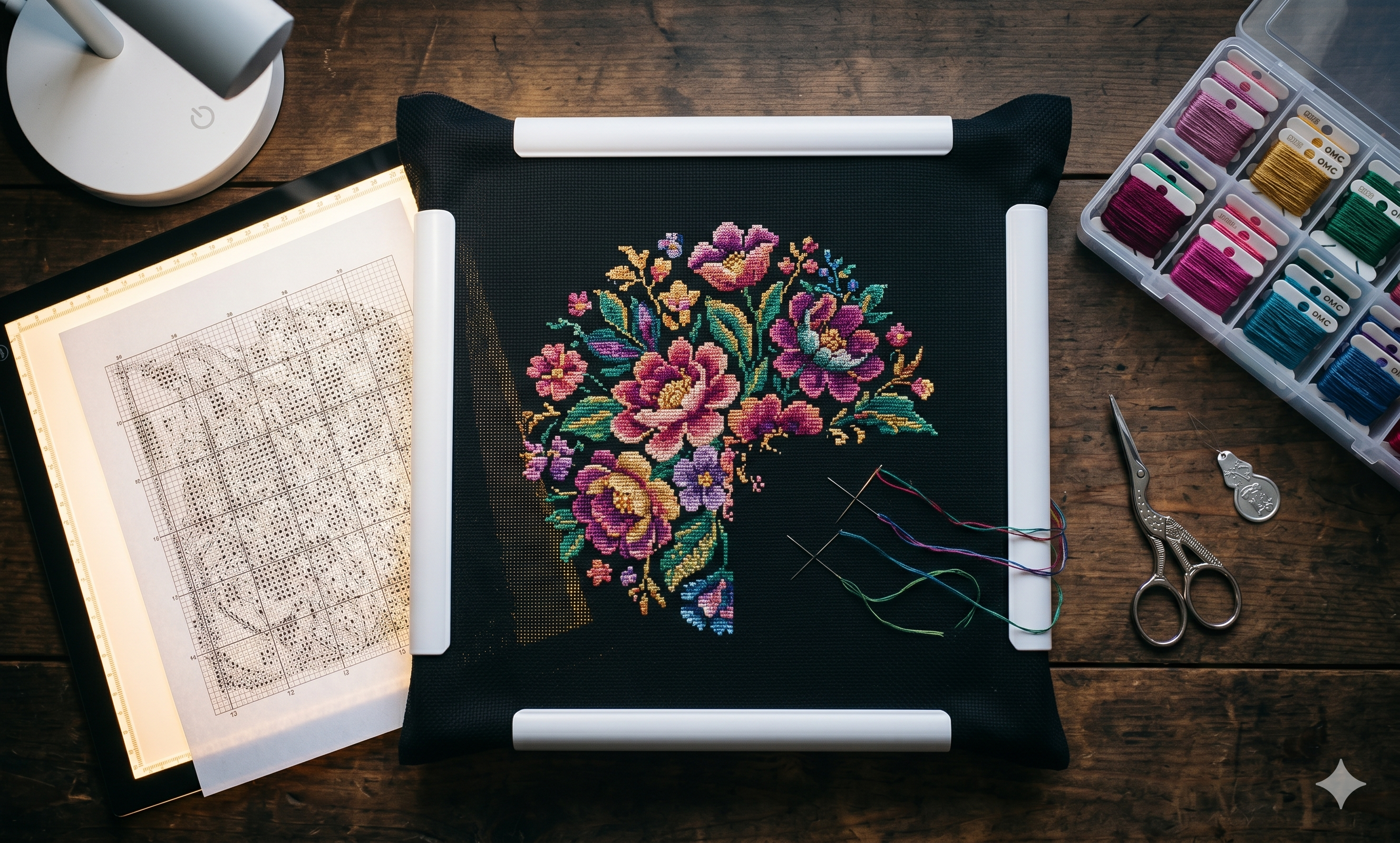 Dark Aida cloth cross stitch setup with lightpad and organized DMC floss