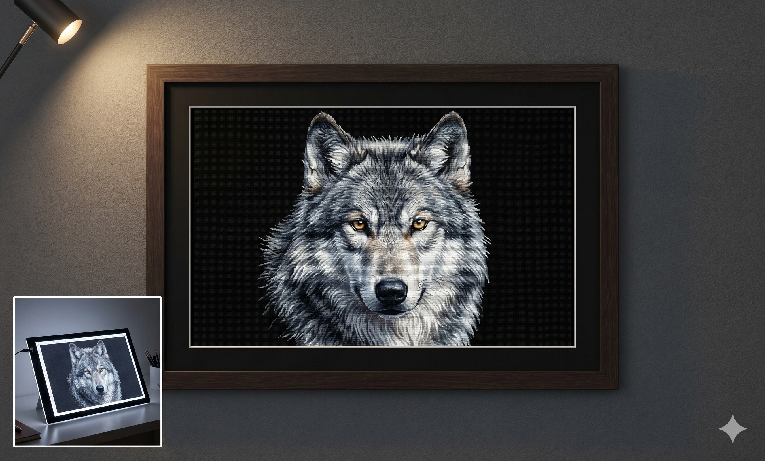 Finished framed dark Aida cross stitch piece &mdash; dramatic vivid colors against black background