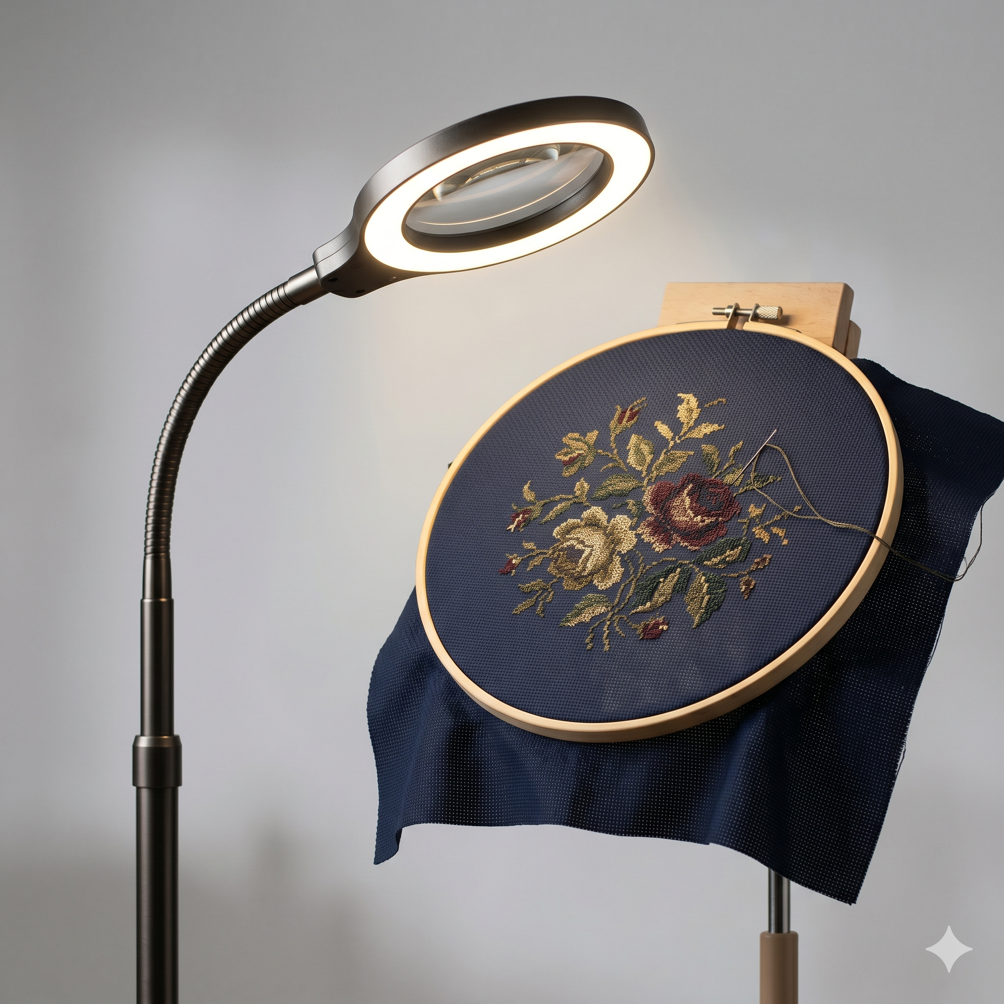 Lighted magnifier stand for dark cloth cross stitch