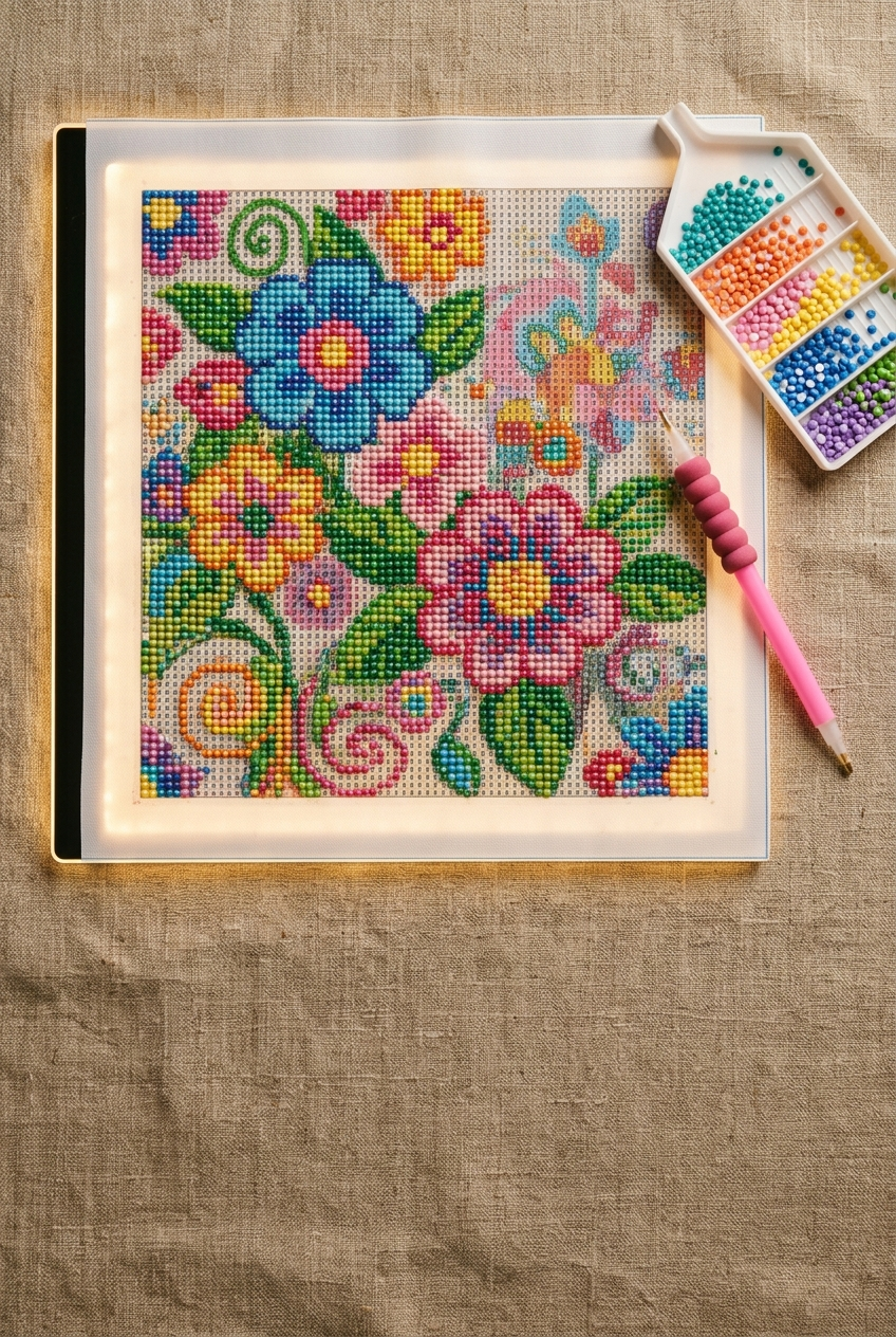 Overhead flat-lay of a diamond painting canvas with colorful resin drills, stylus pen, and glowing LED light pad on linen surface