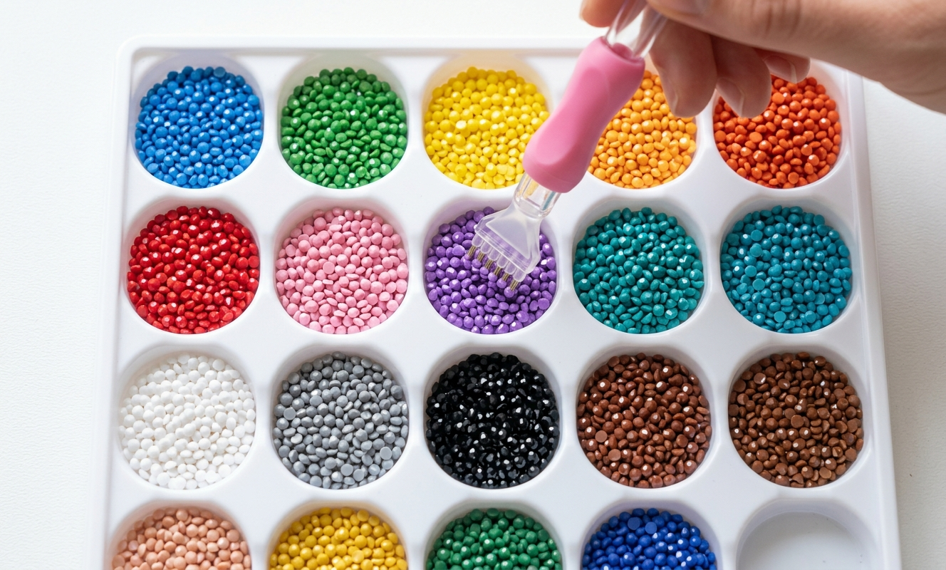 Close-up of diamond painting sorting tray with colorful faceted drills and multi-placer stylus pen picking up several drills at once