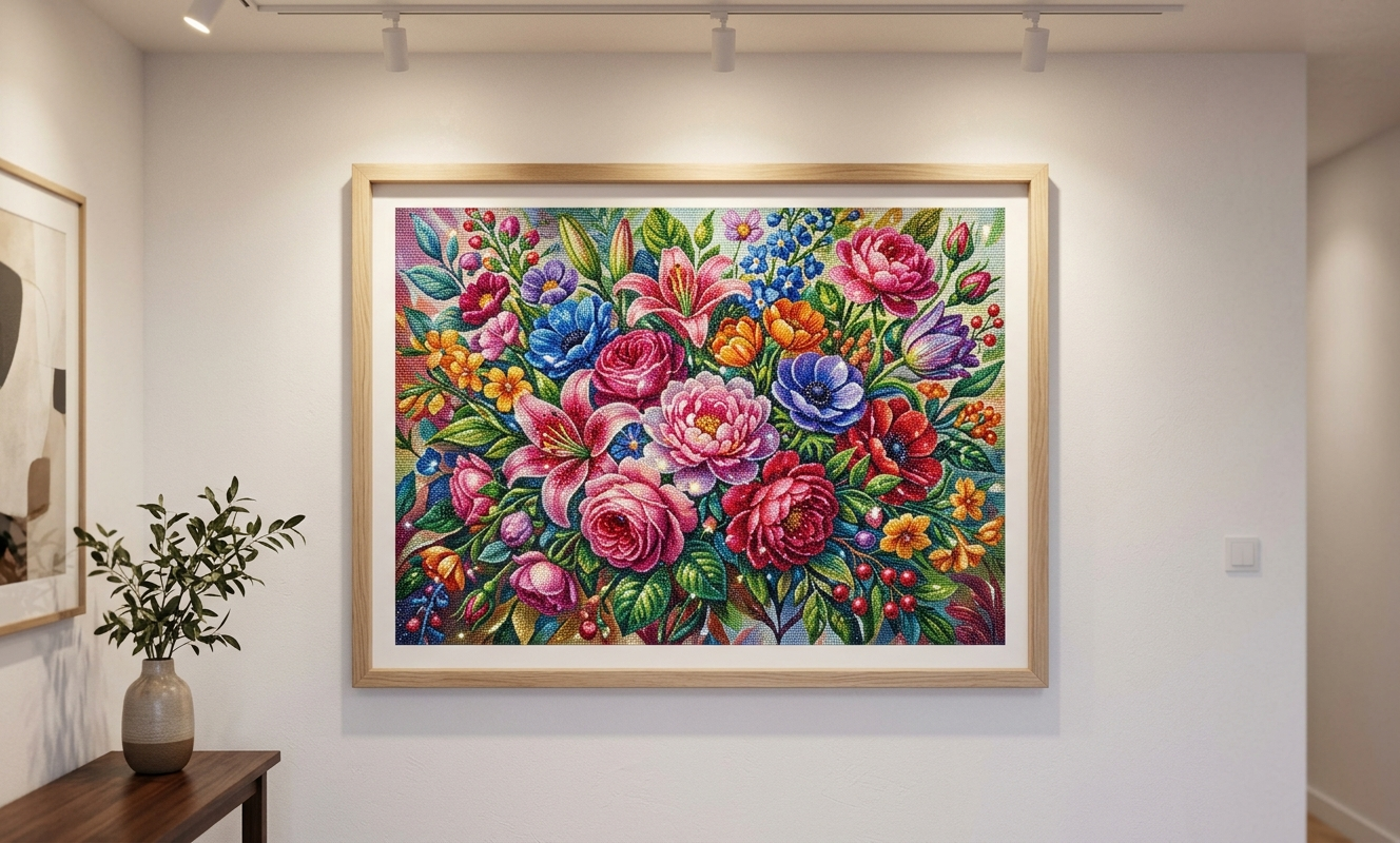 Finished framed diamond painting with sparkling colorful resin drills displayed on a white wall in warm gallery lighting