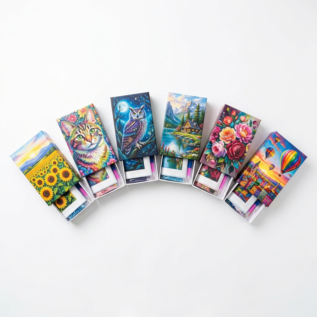 Several diamond painting kit boxes fanned out showing colorful canvas artwork designs on white background