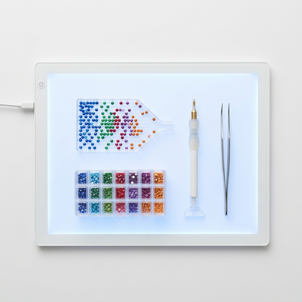 Diamond painting accessories flat-lay including LED light pad, multi-placer pen, sorting tray with colorful drills and tweezers on white background