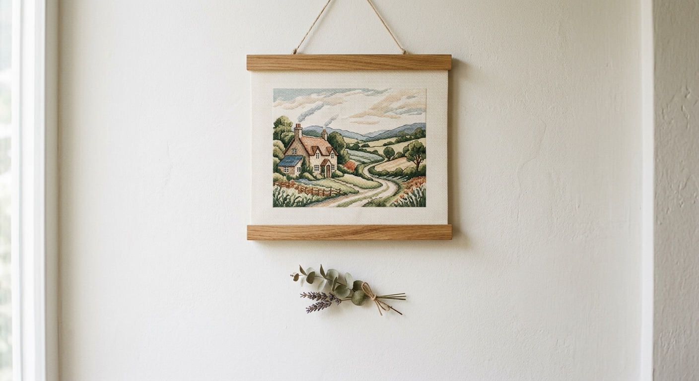 Finished cross stitch displayed without framing on a wooden magnetic dowel hanger against a white wall