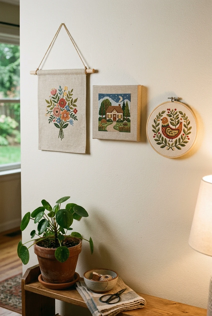 Gallery wall of three finished cross stitch pieces displayed on hangers, canvas and a hoop