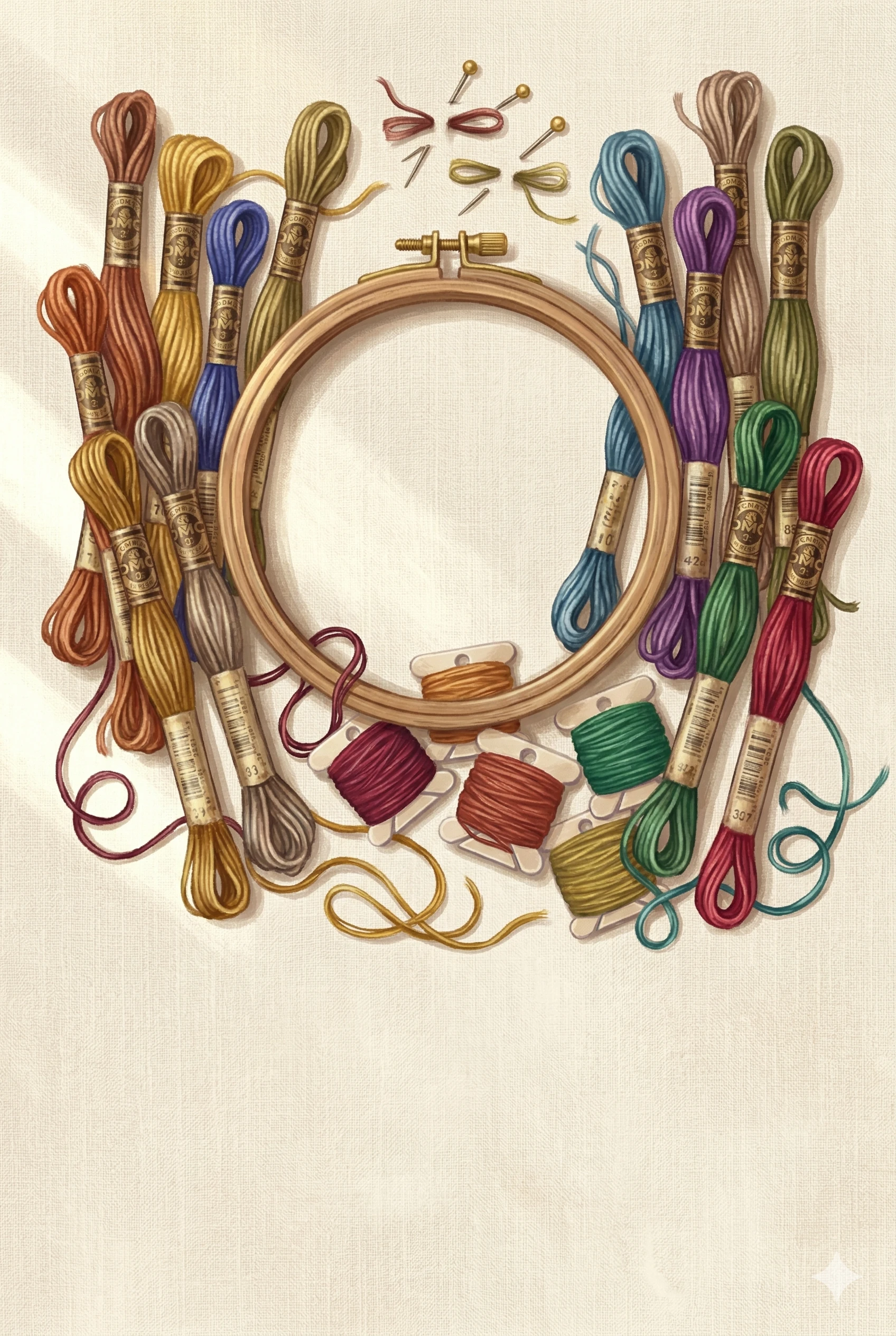 Collection of DMC embroidery floss skeins including discontinued colors arranged on cream linen with a wooden cross stitch hoop