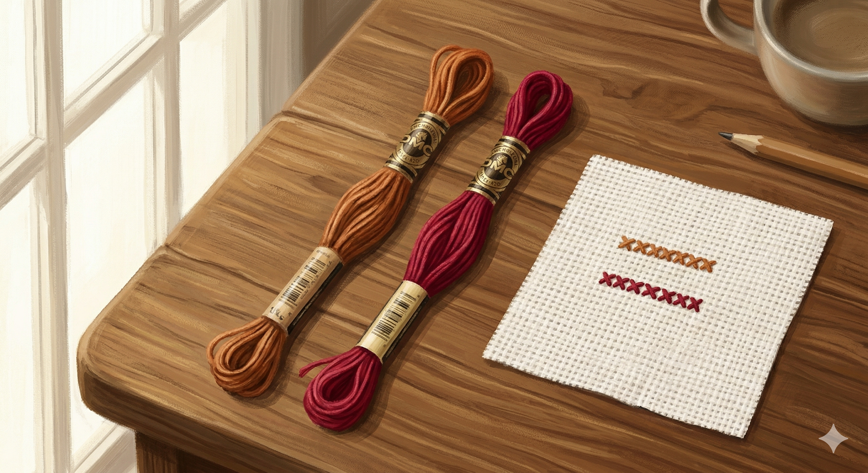 Two DMC floss skeins compared side by side &mdash; discontinued color next to closest current replacement on white Aida cloth