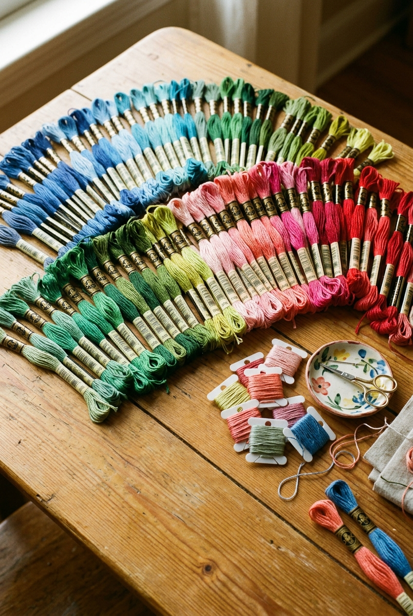 Colorful DMC embroidery floss skeins arranged by color family on warm wooden surface with bobbins