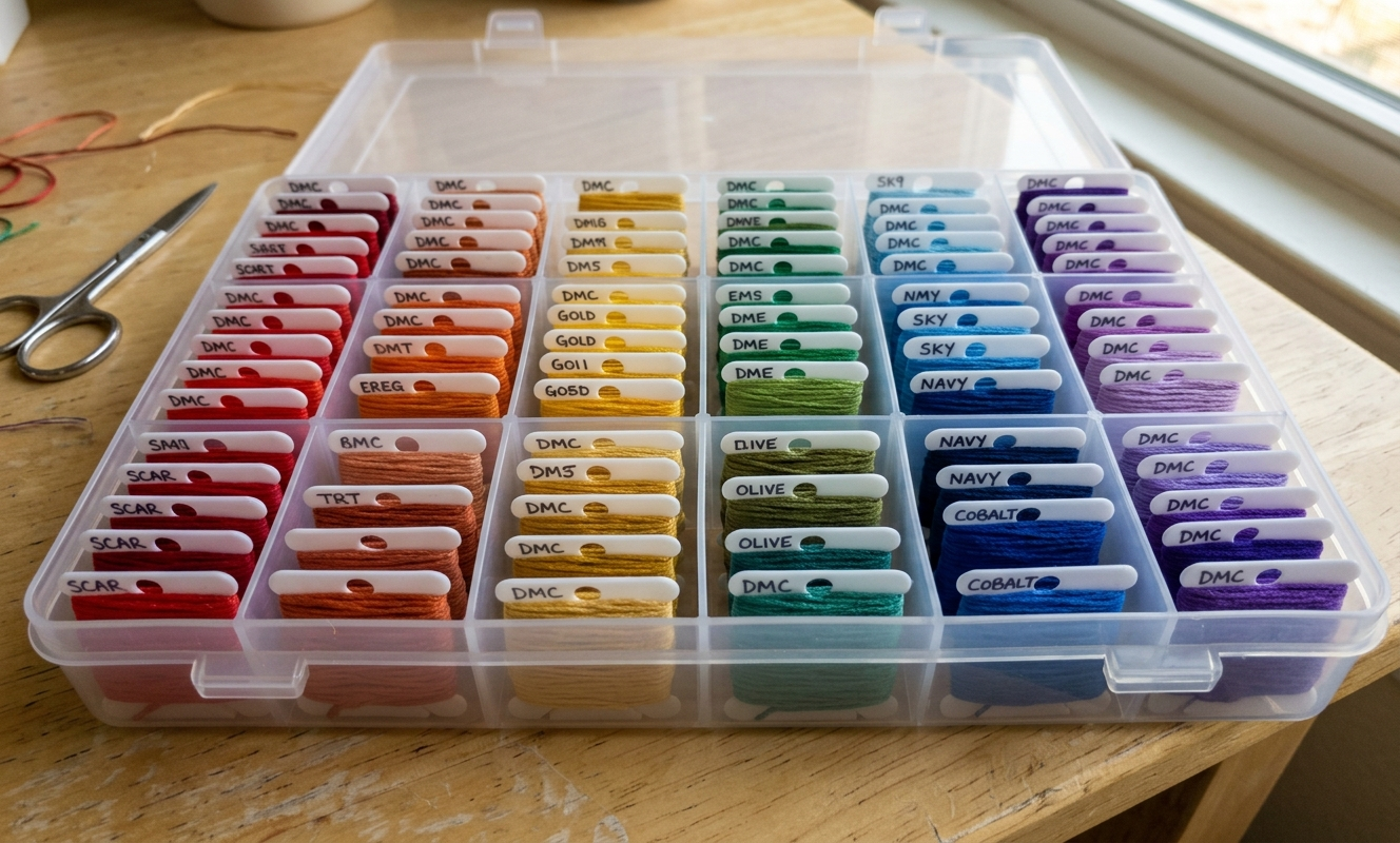 Organized DMC floss bobbins sorted by color number in a divided storage box in warm afternoon light