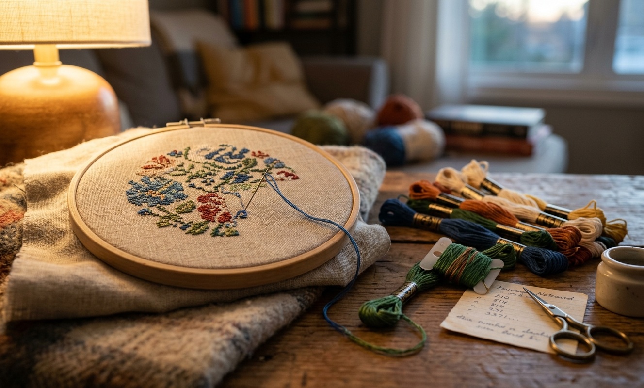 Cross stitch project in wooden hoop surrounded by DMC floss skeins and bobbins in warm lamplight
